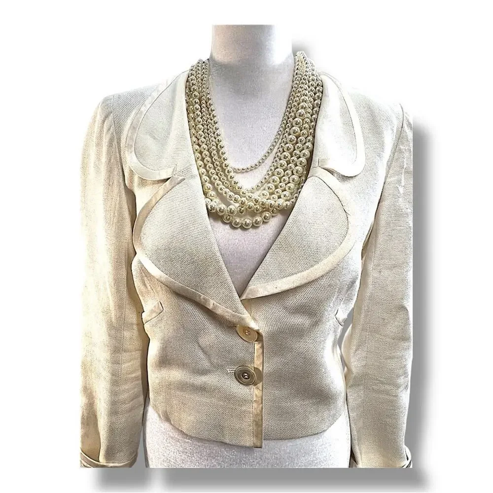 VALENTINO Vintage Ivory Linen Crop Blazer with silk trim SZ 4